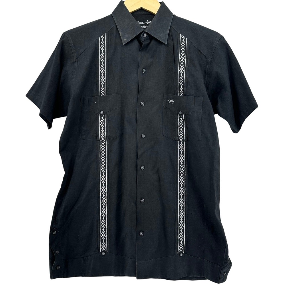 Texas Standard Guyabera Black Western Short Sleeve Button Up‎ Shirt SZ S Edgy